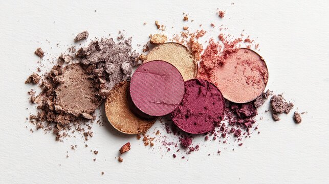 Makeup eyeshadow Cosmetic sample on white backdrop Artistic arrangement Beauty theme Bird s eye view