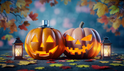 Two jack o lanterns glow with lanterns and autumn leaves