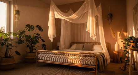 Serene bedroom oasis bathed in warm golden sunlight with a canopy bed and lush greenery