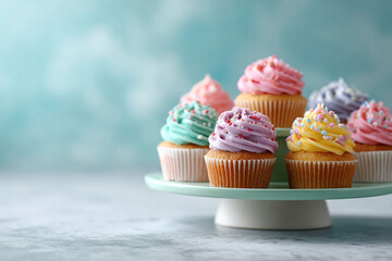 Delicious colorful cupcakes with pastel frosting and sprinkles on a cake stand. Perfect for birthday parties, sweet treats, and bakery concepts. Celebration, indulgence.