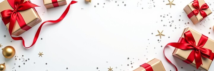 Gift boxes with red satin bows and gold star ornaments on pure white background leaving a clean blank centre for text or product, luxury festive celebration scene