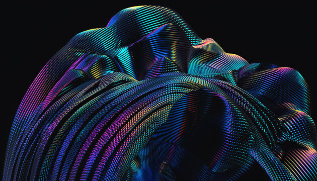 Abstract figure cloaked in vibrant textured light patterns