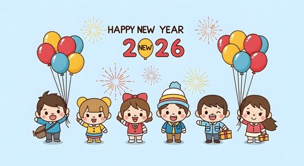 Joyful kids celebrate New Year 2026 with balloons and gifts