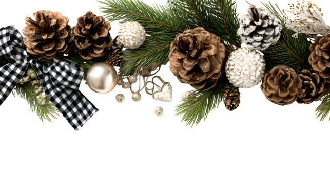 Arrangement of festive decorations including pinecones, ribbons, and ornaments isolated on white background