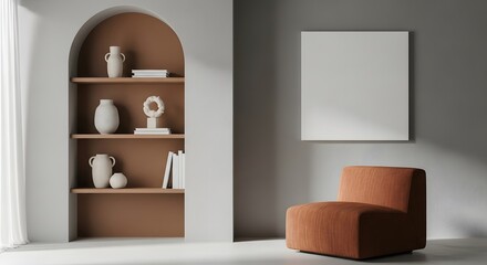 Modern minimalist living room interior with arched niche shelving and terracotta accent chair