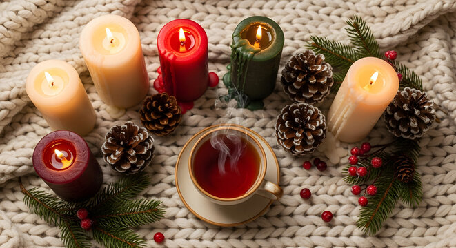 Cozy arrangement with candles, cup of tea, pine cones and fir branches