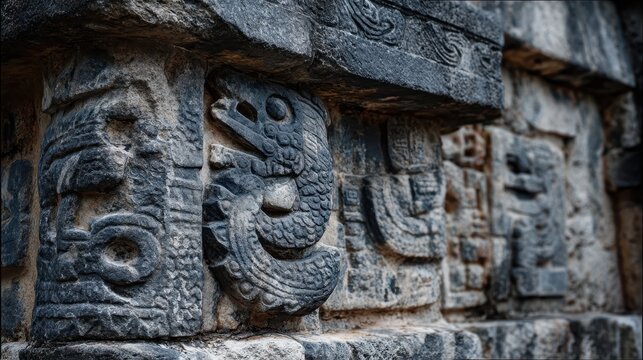 Detailed view of stone carvings at Chichen Itza a popular archaeological site in Mexico