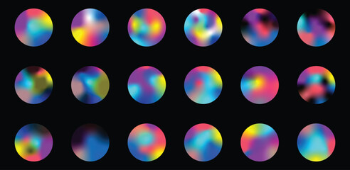 Cosmic mystic light planet logo elements. Round iridescent shiny fluid holographic texture space neon icons set. Bright rainbow color circles