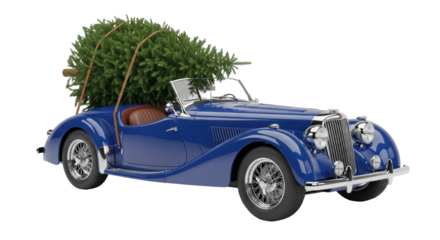 Isolated classic blue car with Christmas tree on a roof against a light backdrop, holidays