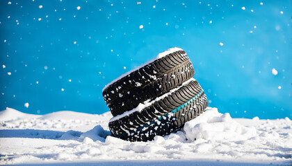 pair of winter tires with blue lines in deep snow on a bright day