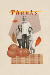 Sketch image art pop trend collage of happy old man grandfather hug family granddaughters thanksgiving day occasion leaves