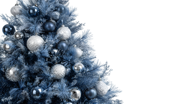 Blue Christmas tree decorated with silver ornaments isolated on white background