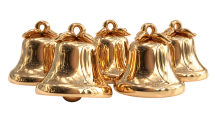Collection of golden Christmas bells with shiny reflections isolated on white background