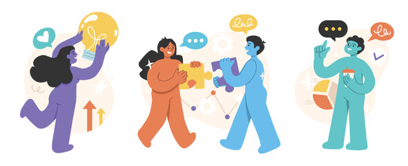 Set of business scenes featuring men and women. Illustrations of the concepts of collaboration, business communication, goal setting, new ideas, strategy development, and business analytics