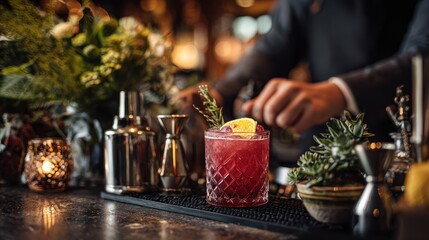 Bartender presents a red drink with citrus at a chic bar Engaging interactions cocktail tools and plants contribute to a lively elegant setting