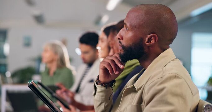 Business, team and workshop with tablet and question with talking, corporate company with goals. Group, people or diversity at office with learning for meeting, sales with review for presentation - Powered by Adobe