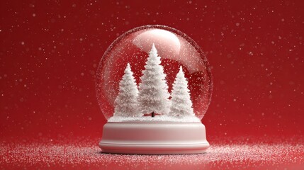 christmas snow globe on snowy base with fir trees red background realistic 3d transparent snowball podium festive holiday banner poster template vector illustration