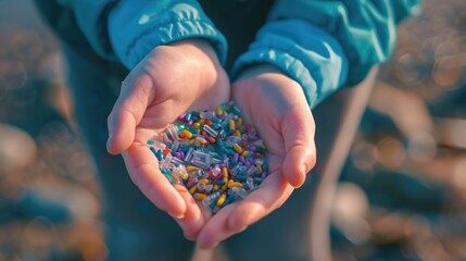 Hands holding colorful microplastic particles with blurred bokeh lights on background
