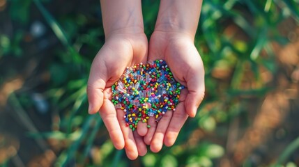 Hands holding colorful microplastic particles with blurred bokeh lights on background