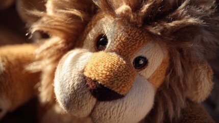 A lion stuffed toy is illuminated by sunlight showcasing its soft textures and evoking a warm playful vibe suited for childhood themes