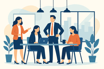 Team of business people having discussion and sharing ideas together during office meeting, flat vector illustration