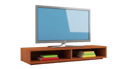 Isolated LCD TV display on wooden TV stand with books in cabinet storage shelves indoors