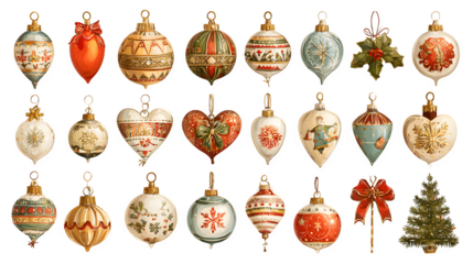 Christmas ornament collection with various festive decorations isolated on white background