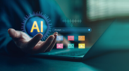 Generative AI concept with prompt input interface and content icons, representing artificial intelligence in text, image, voice, and code generation for creative digital content automation.