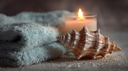 A lovely arrangement of a candle and seashell ideal for themes of tranquility coastal decor spa atmosphere and relaxation