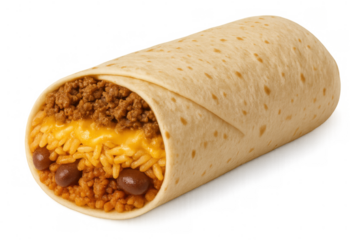 Burrito showing a filling of ground beef, cheese, rice, and beans, isolated on a transparent background for easy use