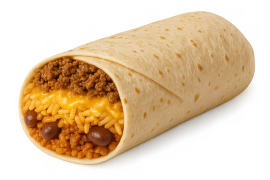 Burrito showing a filling of ground beef, cheese, rice, and beans, isolated on a transparent background for easy use