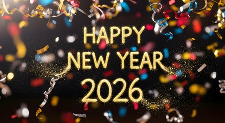 Celebrate New Year 2026 with vibrant confetti and golden sparkle