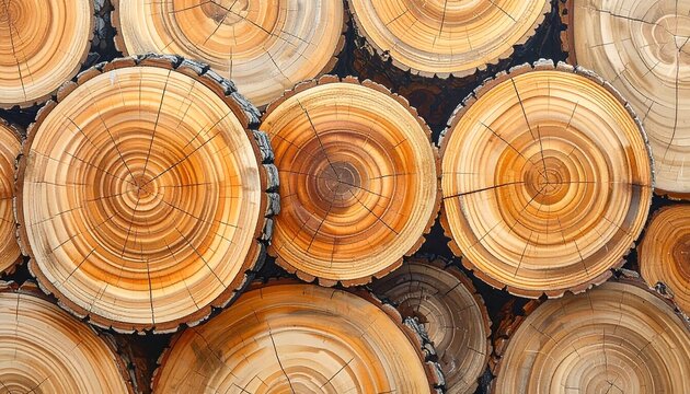 Close-up of cut tree trunks showing wood grain patterns and textures