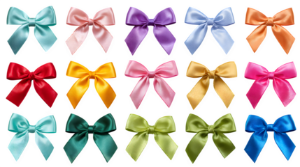 Collection of glossy ribbon bows in assorted colors arranged neatly isolated on white background