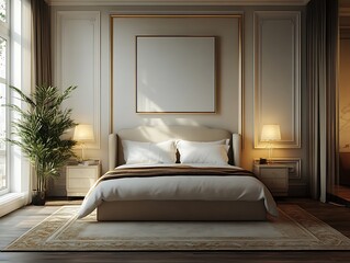 An inviting master bedroom exudes tranquility with warm sunlight, showcasing its elegant interior