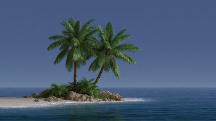 Fototapeta premium Retro Pixel Art Island Emerges from Calm Waters with Lush Palm Trees and Serene Background