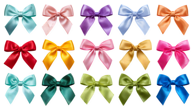 Collection of glossy ribbon bows in assorted colors arranged neatly isolated on white background