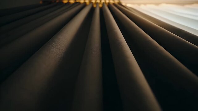Sophisticated hotel room blackout curtains slowly opening to reveal morning light, creating a sense of peace and tranquility