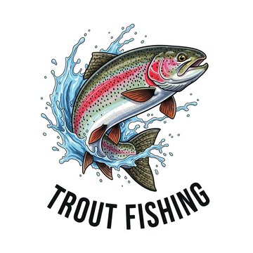 Rainbow Trout as a logo print design on various media such as t-shirts, mugs, hats, tote bags, etc. for various events related to fishing hobbies, vintage cartoon flat design illustrations
