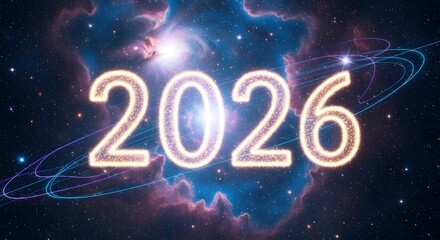 Stunning 2026 numerals glow in vibrant cosmic nebula background