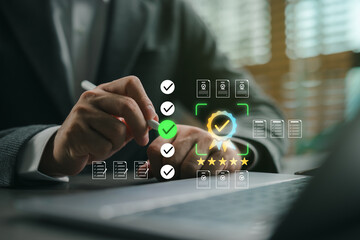 Business professional checking quality assurance compliance and guaranteed service standard on virtual screen. Successful management systems, ISO certification, company audit, product quality control.