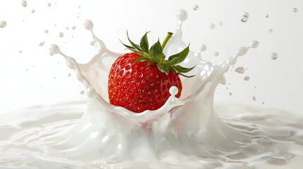 Close up of juicy strawberry dropping into milk with dynamic splash effect.