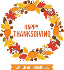 Thanksgiving wreath with autumn leaves and pumpkins