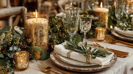 Naklejka premium Elegant table setting with candles, glassware, and greenery for a festive occasion.
