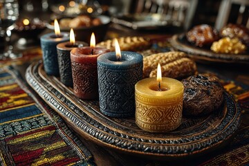 A cozy table setting featuring colorful candles and baked goods for a warm atmosphere.