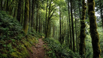 Obraz premium lush woodland scenery beside the path in Forest Park Portland