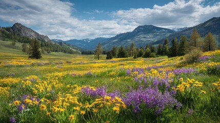 A lush mountain field shines with bright yellow and purple flowers showcasing pristine nature perfect for spring growth and beauty themes