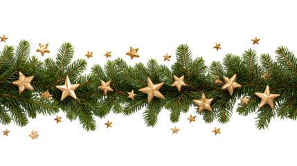 Christmas border with evergreen greenery and golden stars isolated on white background