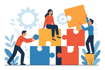 Team of people assembling large colorful puzzle pieces together representing teamwork collaboration problem solving and business connection concept flat vector illustration