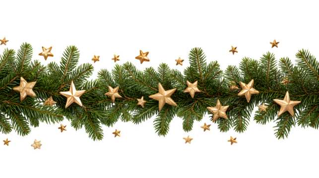 Christmas border with evergreen greenery and golden stars isolated on white background